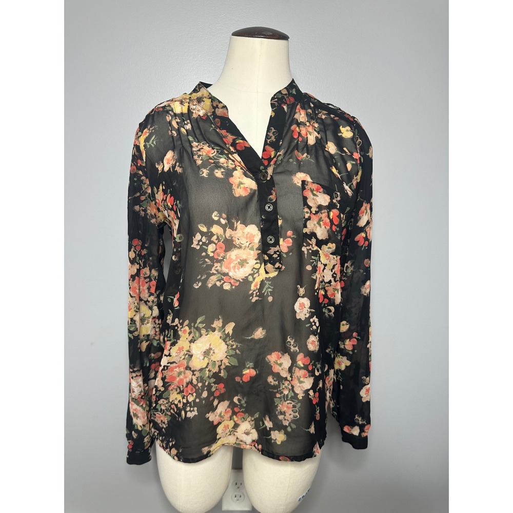 Sweet Rain Floral Chiffon Sheer Blouse Black Orange Long Sleeve Top T27985 XS